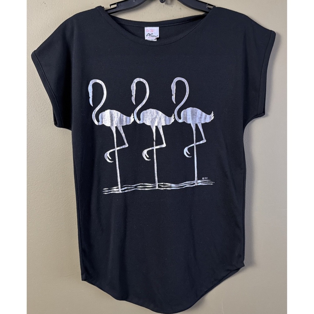 Plumo Vtg 80's Top Women's Small Black SS Made In USA Metallic Flamingo Graphic